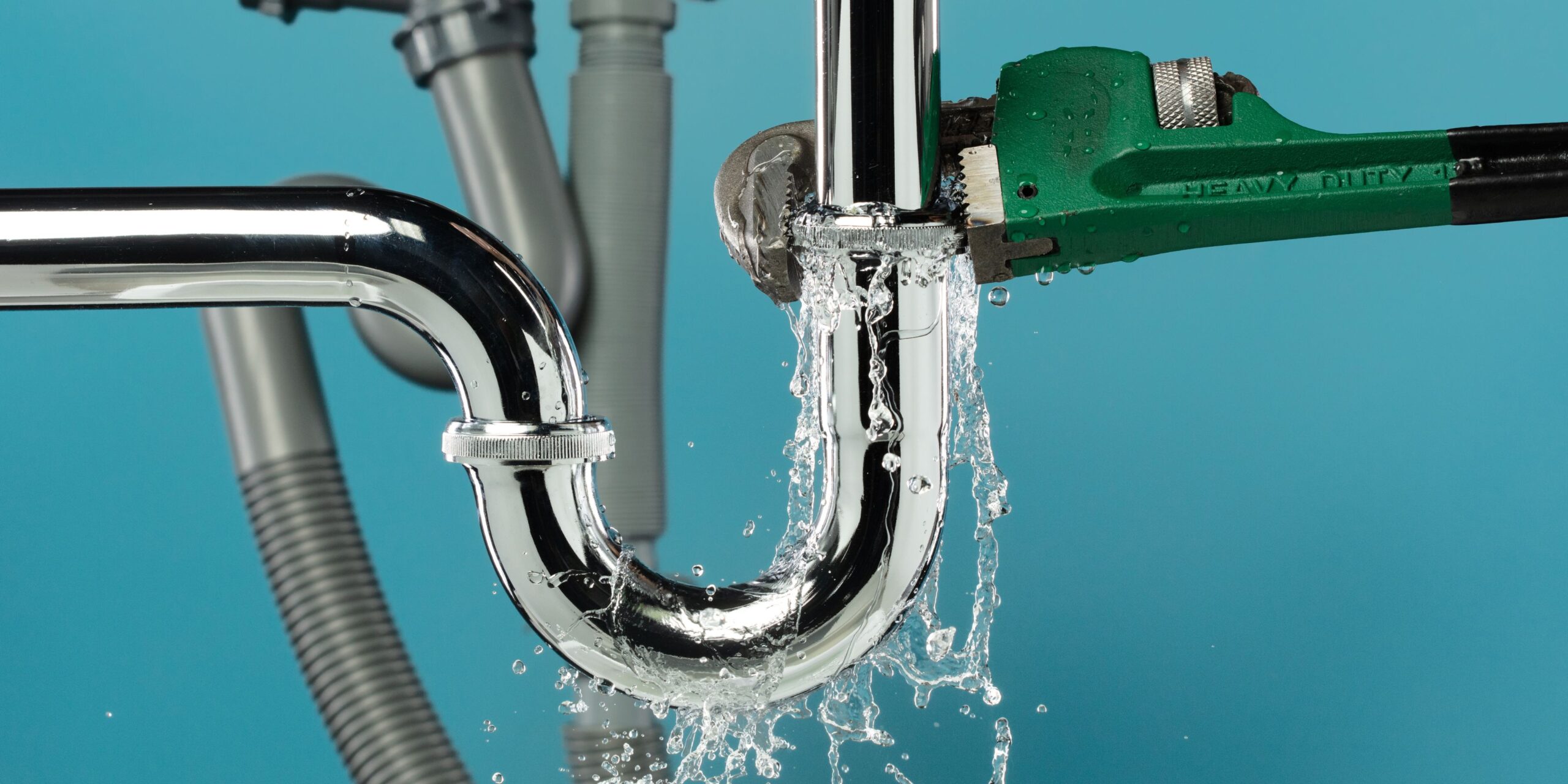 fps-plumbing-burst-pipe-leak-repair Plumber using a wrench to repair a leaking pipe joint